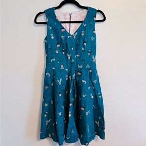Handmade cartoon plant blue pleated fit and flare dress with v neck fits as a s